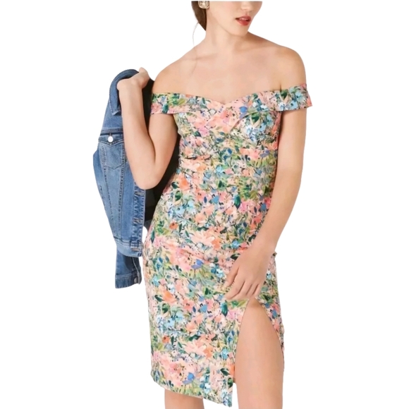 AIDAN BY AIDAN MATTOX Off Shoulder Sheath Dress Pink Floral Garden Party Slit 10 - Picture 2 of 15